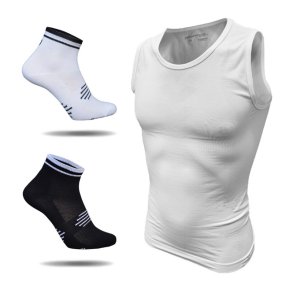 �rmel�s svedtr�je og 2 par Coolmax cykelstr�mper. Hvid/sort