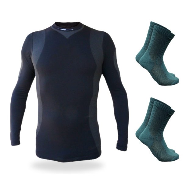 S�t med lang�rmet base layer svedtr�je og 2 par Thermolite cykelstr�mper