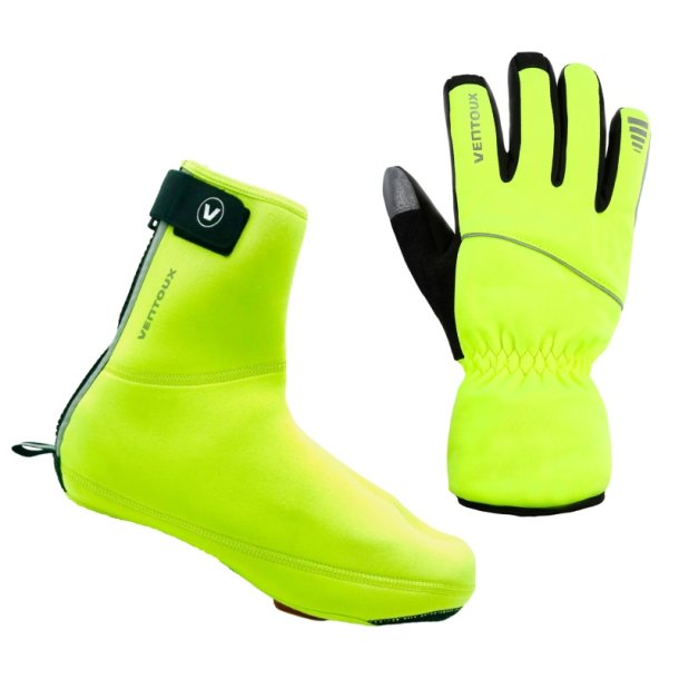 S�t med vinter cykelhandsker og neopren skoovertr�k. Neongul