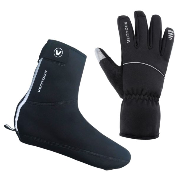 S�t med vinter cykelhandsker og neopren skoovertr�k. Sort