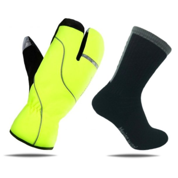 S�ttillbud: Lobster vinter cykelhandsker i neongul plus et par super varme Merino cykelstr�mper (sort/gr�)