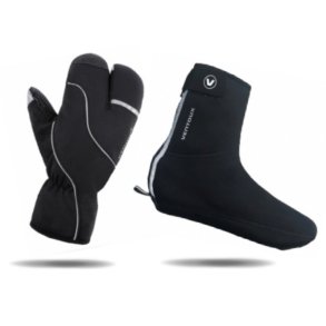 Vinters�t med varme Lobster 3-finger vinter cykelhandsker og neopren skoovertr�k i sort med reflekstryk