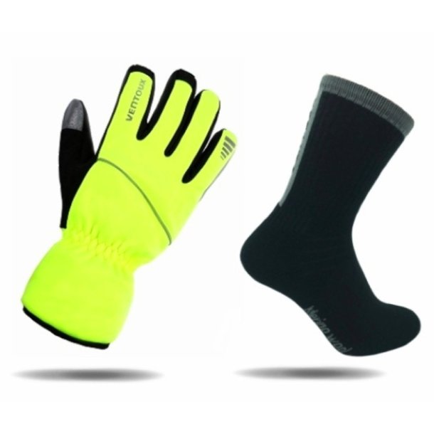 S�ttillbud: Mistral vinter cykelhandsker i neongul plus et par super varme Merino cykelstr�mper (sort/gr�)