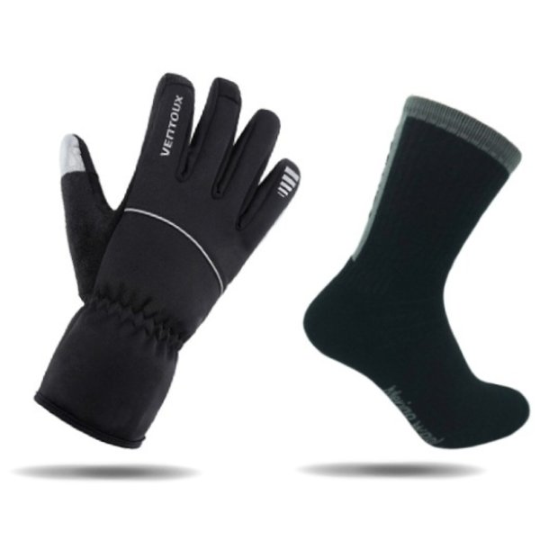 S�ttillbud: Mistral vinter cykelhandsker i sort plus et par super varme Merino cykelstr�mper (sort/gr�)