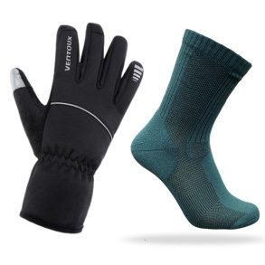 S�ttillbud: Mistral vinterhandsker i sort sammen med et par Thermolite cykelstr�mper i trekking green