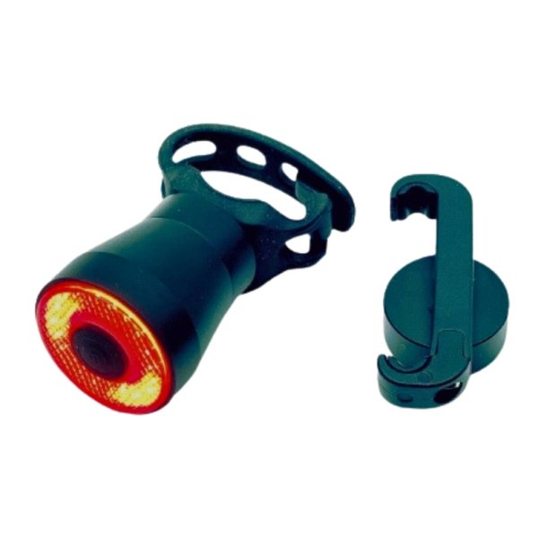 Smart LED baglygte i aluminium med USB opladning og bremselys. 100 lumen