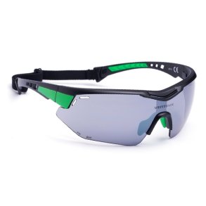 Cykelbriller med polycarbonate linse. Mat sort med groen kontrast