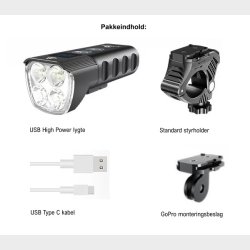 High Power LED lygte (1600 lumen) i aluminium. USB-C opladning. Se pakkeindhold