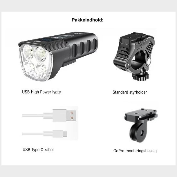 High Power LED lygte (1600 lumen) i aluminium. USB-C opladning. Se pakkeindhold