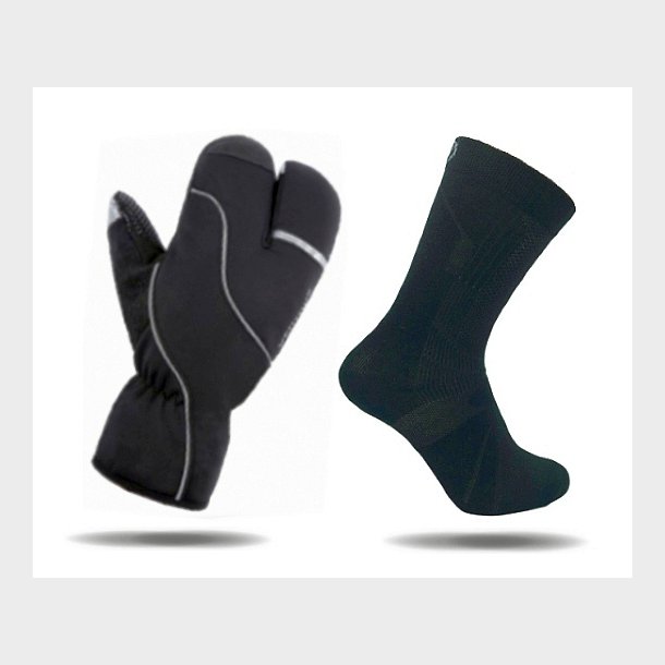 S�ttillbud: Varme Lobster vinter cykelhandsker i sort plus ditto varme Merino cykelstr�mper (sort/gr�)